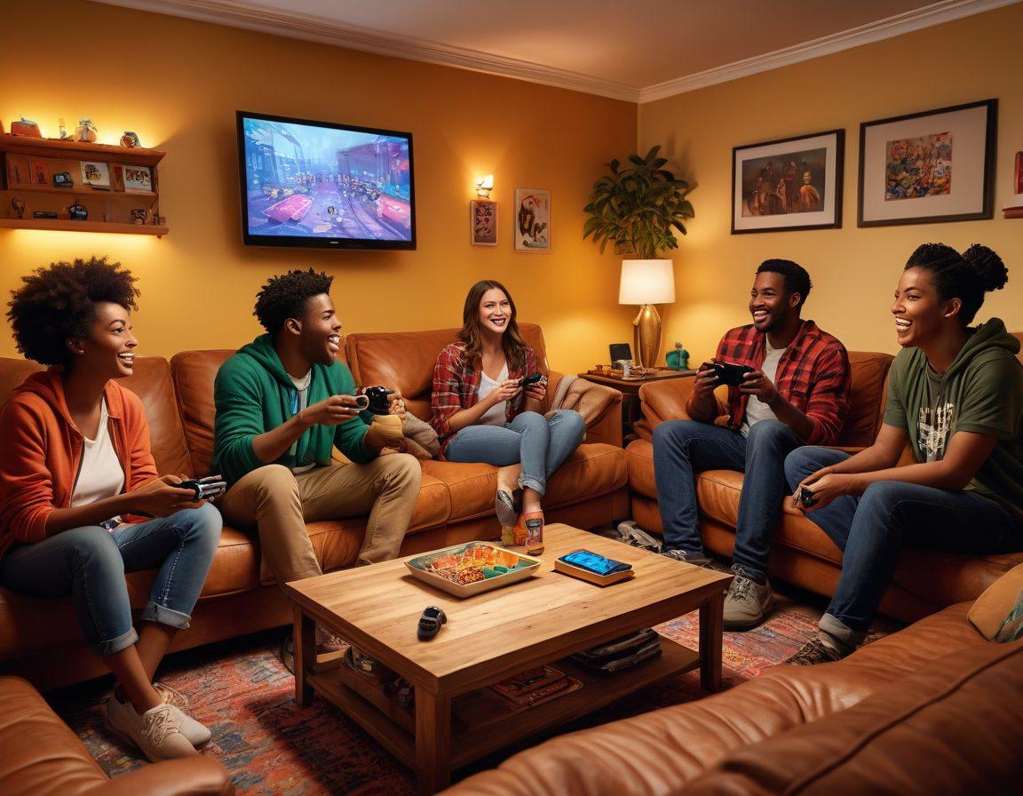 A vibrant scene depicting a diverse group of friends joyfully playing video games together in a cozy living room, surrounded by colorful gaming consoles, snacks, and laughter; glowing screens illuminate their faces, showcasing excitement and connection through digital entertainment. super-realistic. vibrant colors. cozy atmosphere.