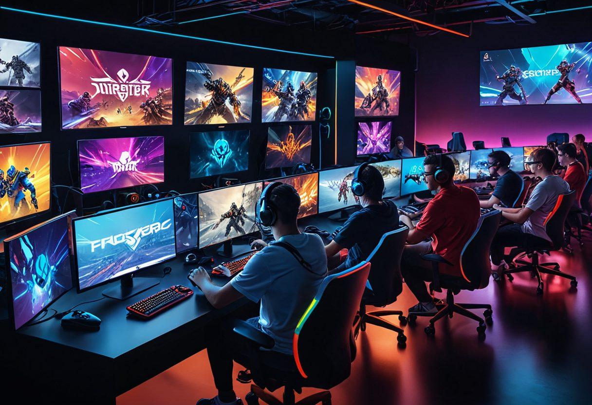 A dynamic scene depicting diverse gamers immersed in a vibrant multiplayer gaming environment, showcasing a blend of casual and competitive vibes. Include colorful avatars, an intense competition setting with a leaderboard in the background, and an array of gaming devices. Surround with joyful expressions and elements of teamwork and strategy. Illustrate contrasting styles, from relaxed home settings to thrilling esports arenas. vector art. vibrant colors.