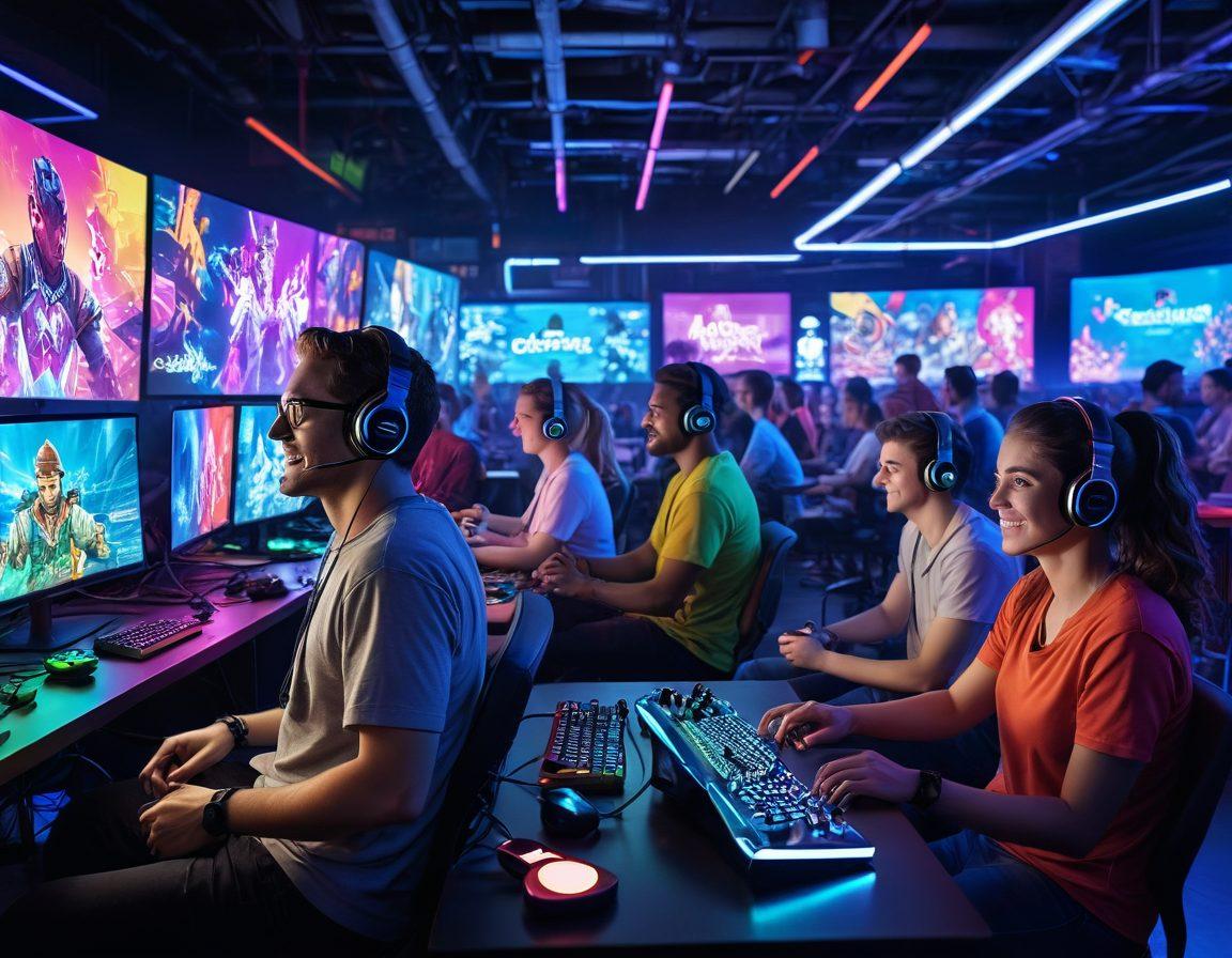 A vibrant scene depicting a diverse group of people, fully immersed in engaging digital gaming experiences, surrounded by colorful screens showcasing various interactive games. Include expressions of joy and excitement on their faces, with gaming accessories scattered around. The background should feature dynamic neon lights and holographic images of game characters. Digital art style. vibrant colors. high energy.
